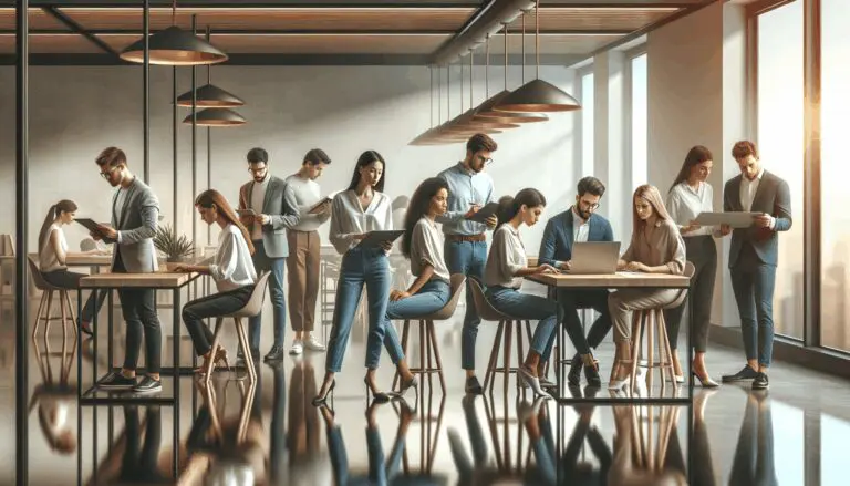 Equipo de emprendedores trabajando juntos en un espacio de coworking moderno.