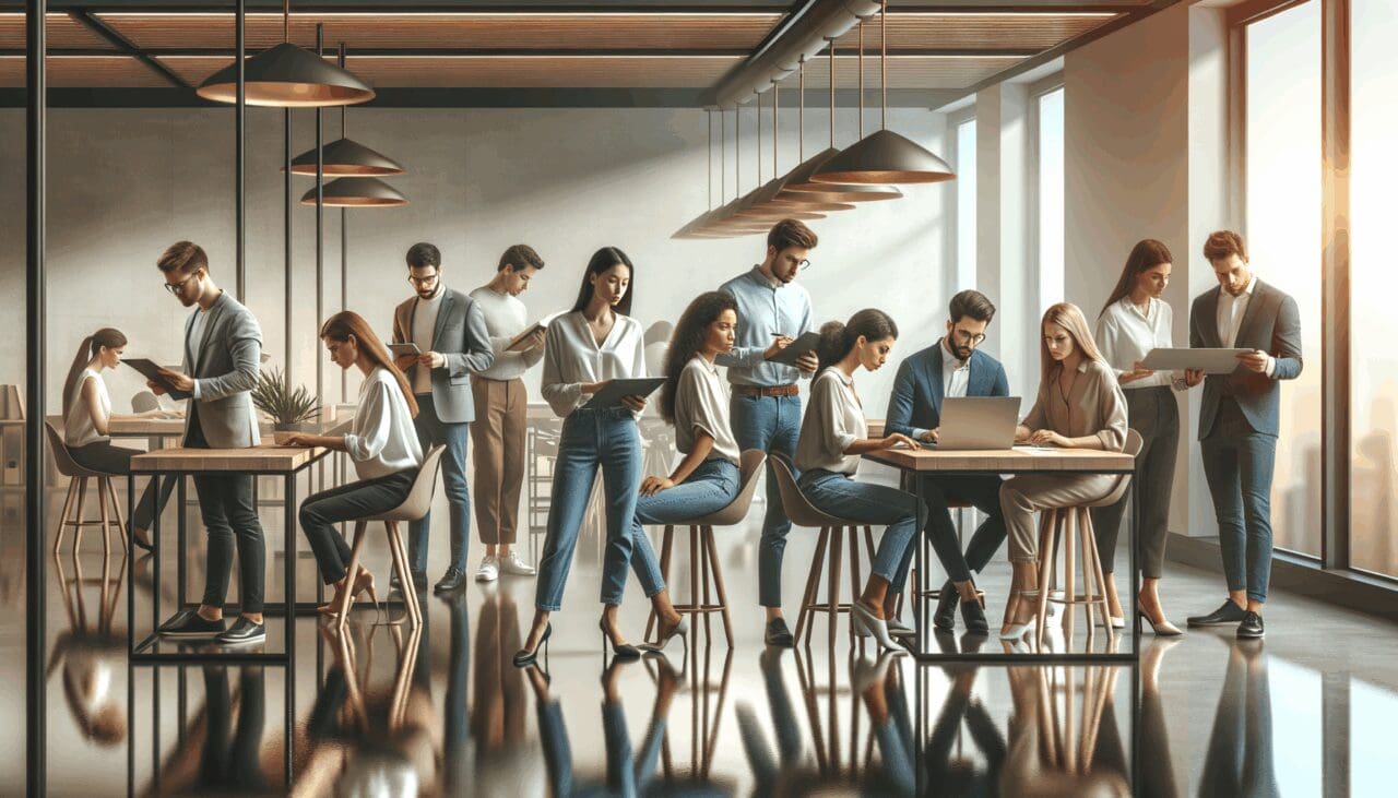 Equipo de emprendedores trabajando juntos en un espacio de coworking moderno.