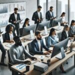 Oficina moderna con emprendedores frente a pantallas revisando datos financieros