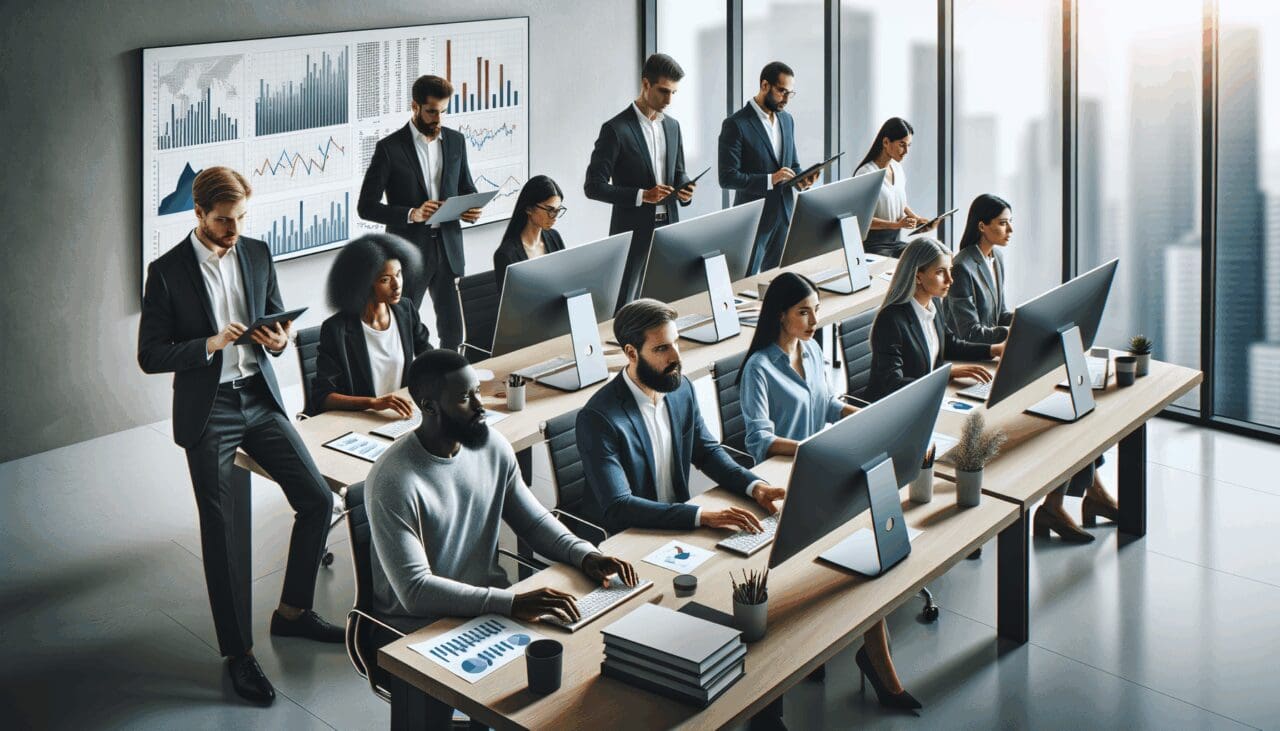 Oficina moderna con emprendedores frente a pantallas revisando datos financieros