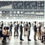 Personas conectando ideas en un evento tecnológico con pantallas y gráficos de datos