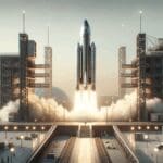 Lanzamiento de un cohete sobre una plataforma en un entorno industrial moderno