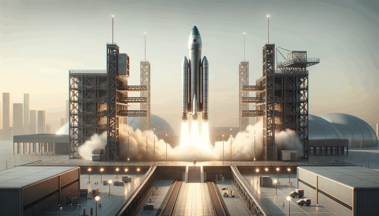 Lanzamiento de un cohete sobre una plataforma en un entorno industrial moderno