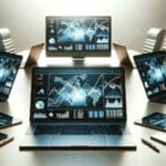 Ordenadores portátiles en una mesa de conferencias con gráficos financieros en pantallas.