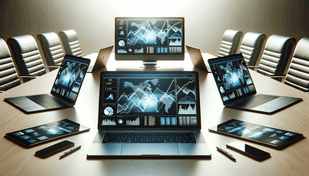 Ordenadores portátiles en una mesa de conferencias con gráficos financieros en pantallas.