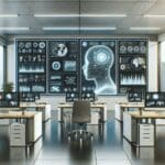 Oficinas modernas con pantallas mostrando datos de inteligencia artificial en tiempo real