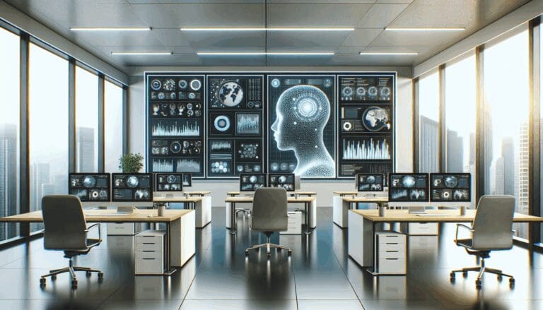 Oficinas modernas con pantallas mostrando datos de inteligencia artificial en tiempo real