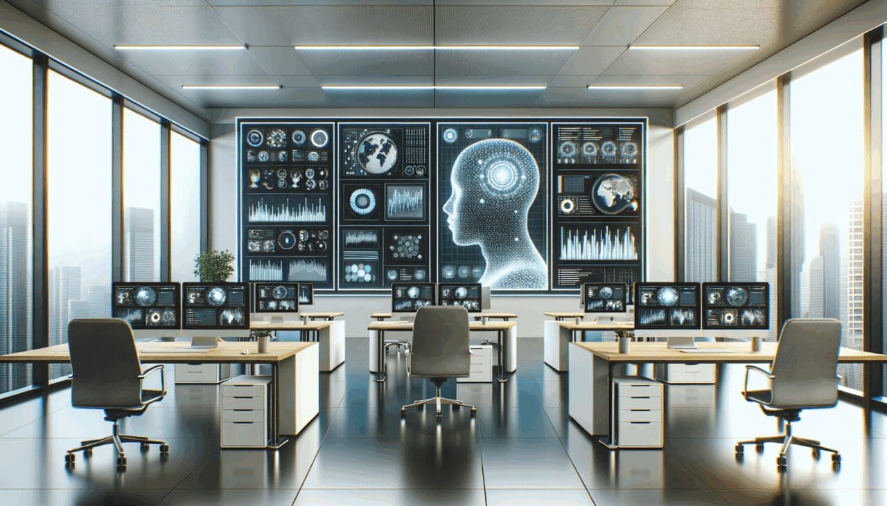 Oficinas modernas con pantallas mostrando datos de inteligencia artificial en tiempo real