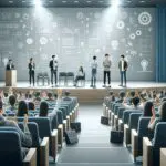 Estudiantes y emprendedores en un auditorio universitario durante un evento tecnológico