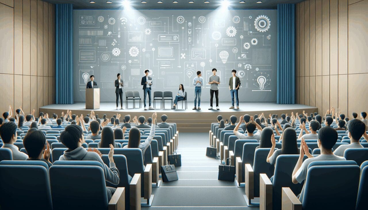 Estudiantes y emprendedores en un auditorio universitario durante un evento tecnológico