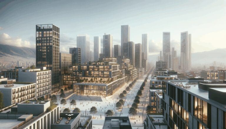 Vista panorámica de Bogotá con edificios modernos y espacios de coworking