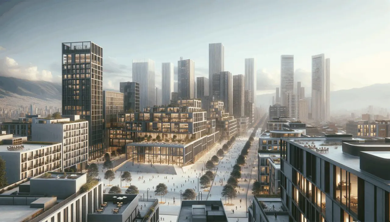 Vista panorámica de Bogotá con edificios modernos y espacios de coworking