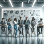 Grupo de jóvenes emprendedores en un laboratorio de tecnología moderna