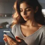 Primer plano de una mujer usando una aplicación móvil en un entorno doméstico con luz suave