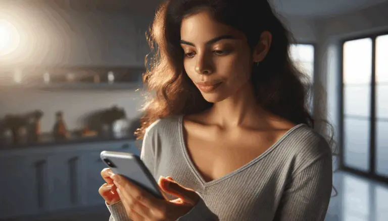 Primer plano de una mujer usando una aplicación móvil en un entorno doméstico con luz suave