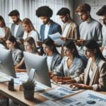 Grupo de jóvenes emprendedores en una sala de coworking revisando gráficos digitales