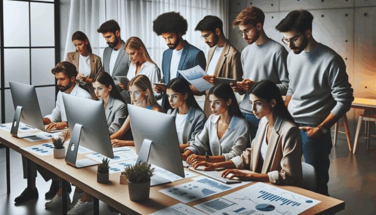 Grupo de jóvenes emprendedores en una sala de coworking revisando gráficos digitales