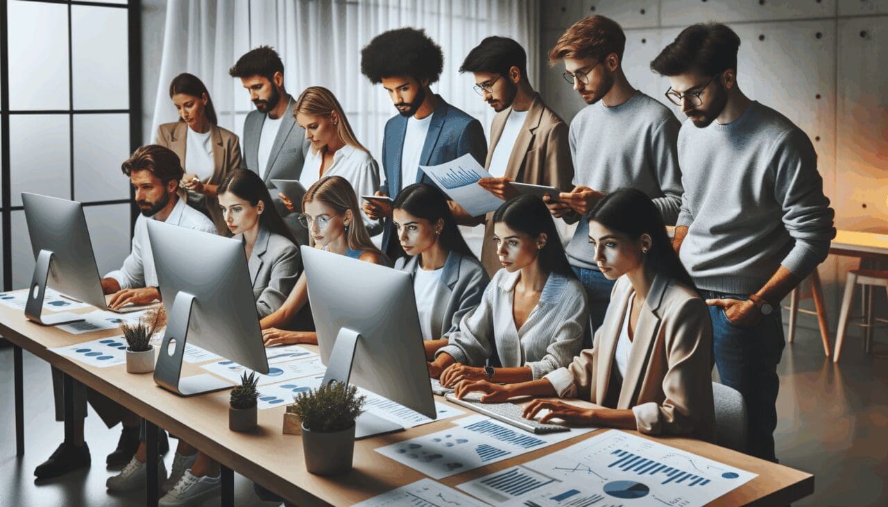 Grupo de jóvenes emprendedores en una sala de coworking revisando gráficos digitales