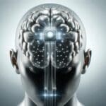 Primer plano conceptual de un implante cerebral con circuitos conectados sobre una cabeza humana