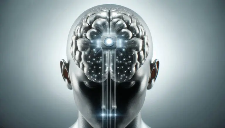 Primer plano conceptual de un implante cerebral con circuitos conectados sobre una cabeza humana