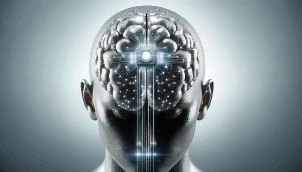 Primer plano conceptual de un implante cerebral con circuitos conectados sobre una cabeza humana