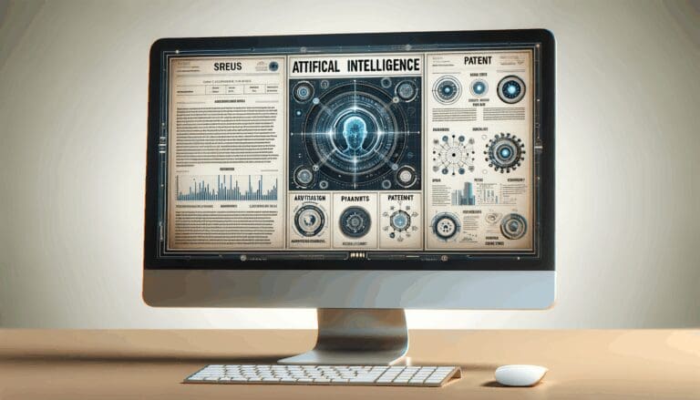 Pantalla de ordenador con gráficos de inteligencia artificial y documentos de patentes.