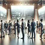 Empresarios interactuando en un moderno evento tecnológico con pantallas digitales de fondo