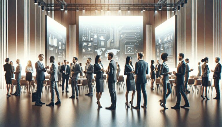 Empresarios interactuando en un moderno evento tecnológico con pantallas digitales de fondo