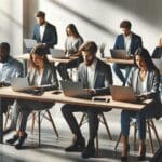 Emprendedores trabajando en laptops en un espacio de coworking moderno