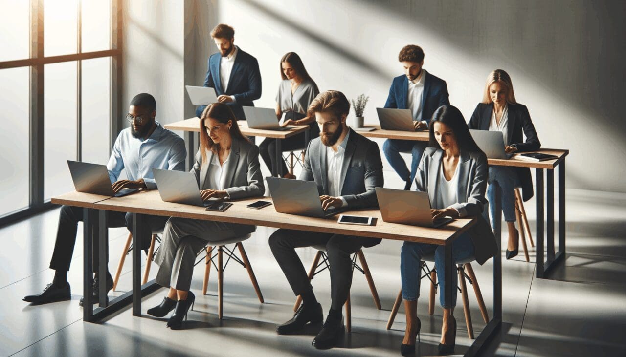 Emprendedores trabajando en laptops en un espacio de coworking moderno