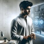 Retrato de un joven emprendedor frente a una pantalla con gráficos tecnológicos