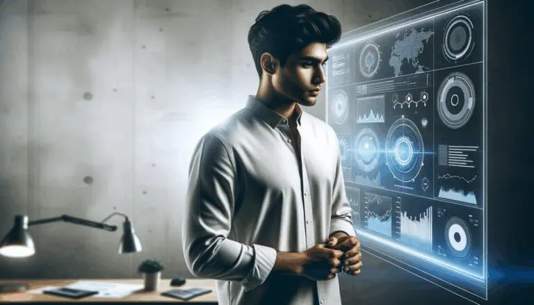 Retrato de un joven emprendedor frente a una pantalla con gráficos tecnológicos