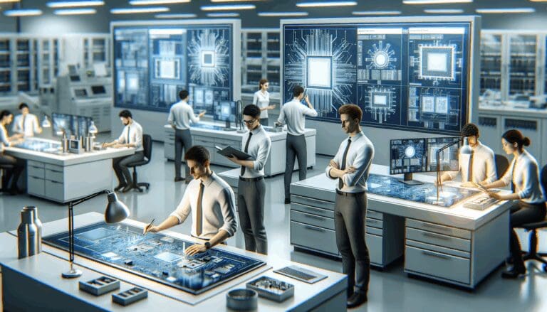 Grupo de ingenieros trabajando en un laboratorio de tecnología de procesadores