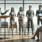 Emprendedores presentando su pitch ante un jurado en un auditorio moderno