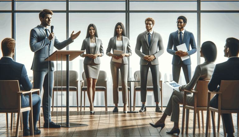 Emprendedores presentando su pitch ante un jurado en un auditorio moderno