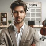 Retrato moderno de un fundador de startup en una oficina elegante con fondos musicales