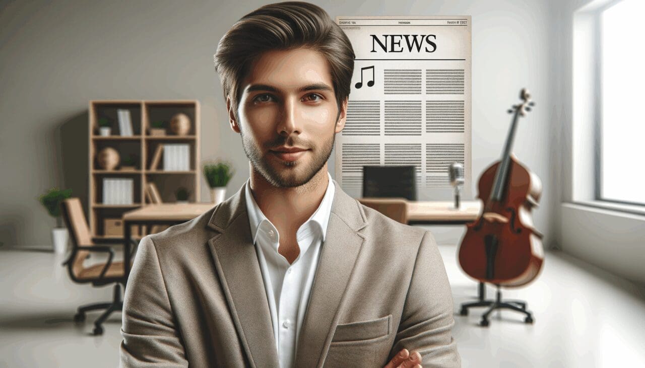 Retrato moderno de un fundador de startup en una oficina elegante con fondos musicales