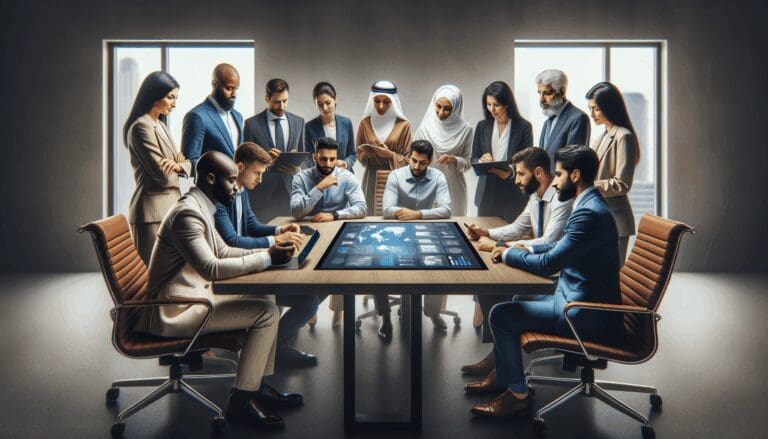 Grupo de emprendedores y mentores en una sala moderna frente a una pantalla interactiva