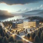 Vista aérea del centro de innovación en Frutillar con un entorno natural chileno.