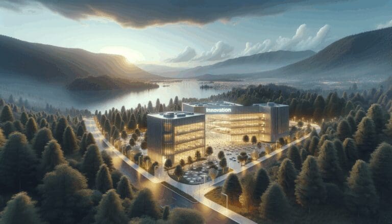 Vista aérea del centro de innovación en Frutillar con un entorno natural chileno.