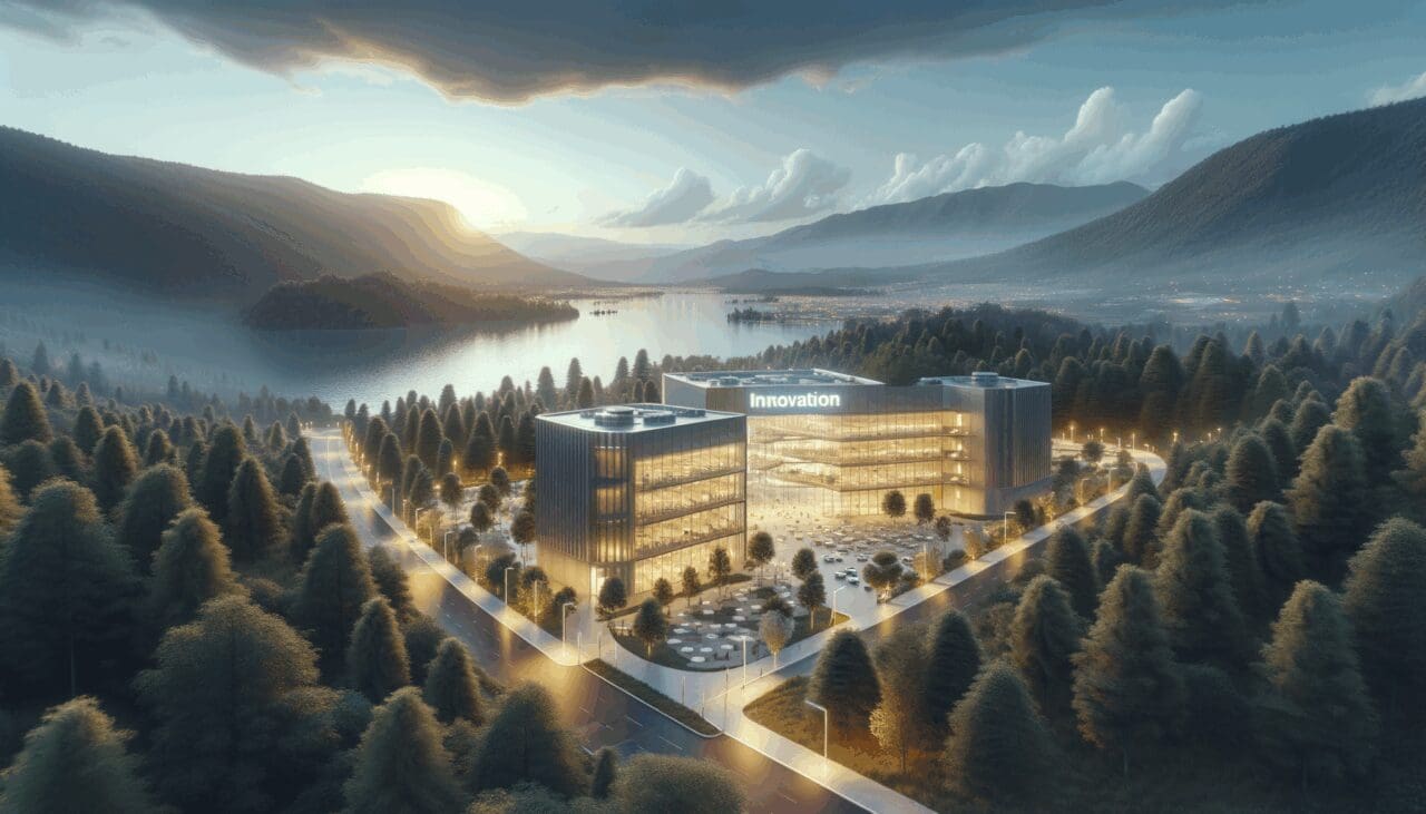 Vista aérea del centro de innovación en Frutillar con un entorno natural chileno.