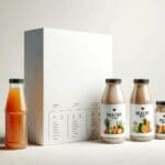 Primer plano de productos de una startup de bebidas saludables en fondo blanco minimalista