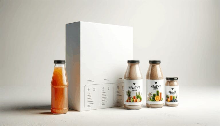 Primer plano de productos de una startup de bebidas saludables en fondo blanco minimalista