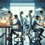 Laboratorio moderno con científicos trabajando en innovación biotecnológica