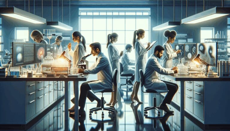 Laboratorio moderno con científicos trabajando en innovación biotecnológica