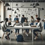 Estudiantes colaborando en un aula moderna con laptops, pizarras y prototipos de innovación