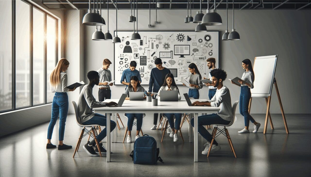 Estudiantes colaborando en un aula moderna con laptops, pizarras y prototipos de innovación
