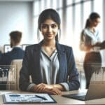 Joven emprendedora trabajando en un espacio de coworking moderno con computadoras y gráficos financieros