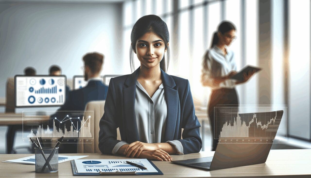 Joven emprendedora trabajando en un espacio de coworking moderno con computadoras y gráficos financieros