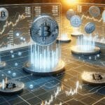 Render digital de tokens blockchain flotando sobre gráficos financieros en una pantalla tecnológica